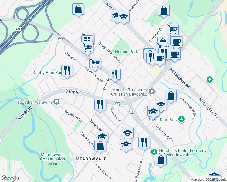 map of restaurants, bars, coffee shops, grocery stores, and more near in Mississauga