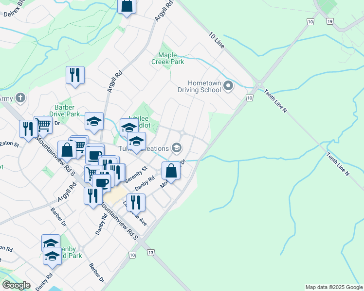 map of restaurants, bars, coffee shops, grocery stores, and more near 15192 Danby Road in Halton Hills