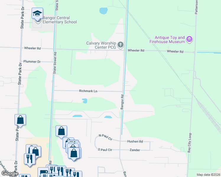 map of restaurants, bars, coffee shops, grocery stores, and more near 4192 Richmark Lane in Bay City