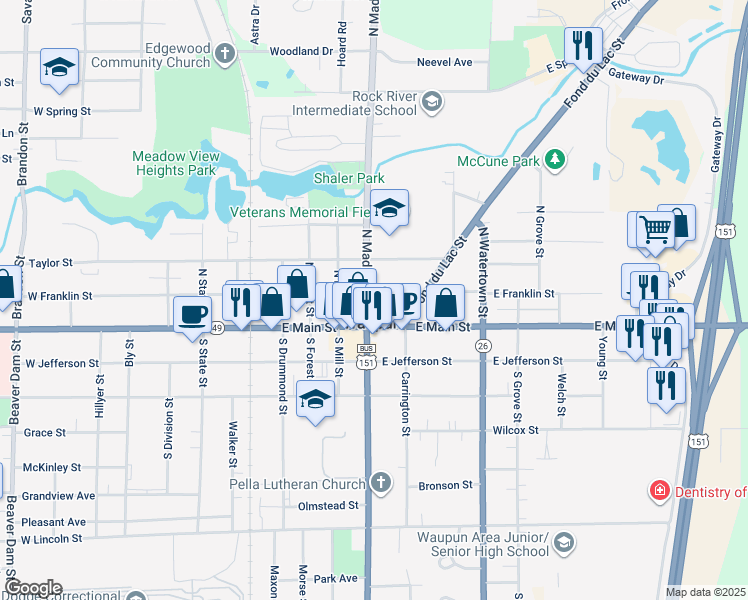 map of restaurants, bars, coffee shops, grocery stores, and more near 37 North Madison Street in Waupun