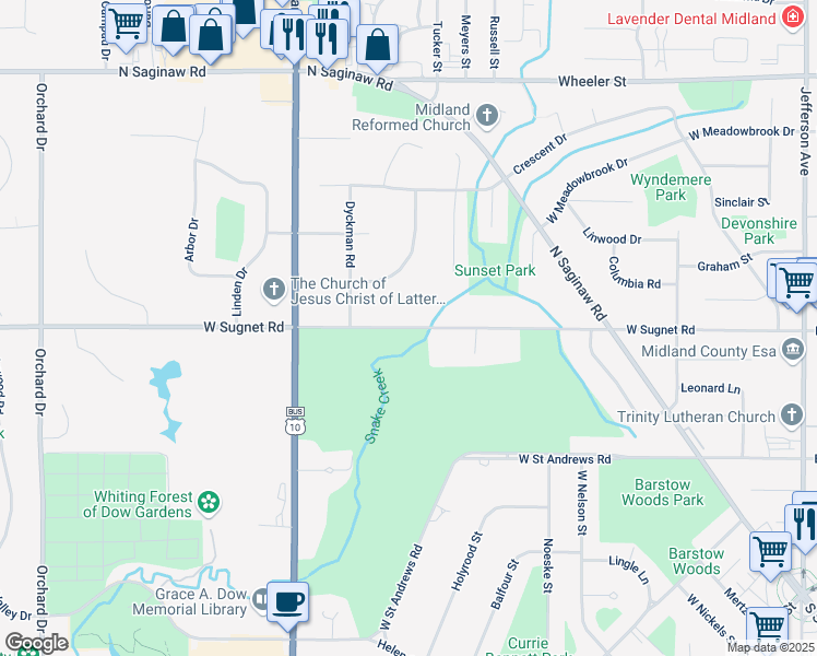 map of restaurants, bars, coffee shops, grocery stores, and more near 1227 West Sugnet Road in Midland