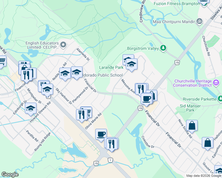 map of restaurants, bars, coffee shops, grocery stores, and more near 104 Olivia Marie Road in Brampton