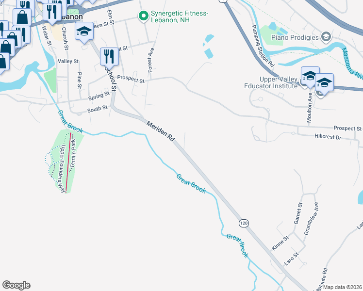 map of restaurants, bars, coffee shops, grocery stores, and more near 161 Meriden Road in Lebanon