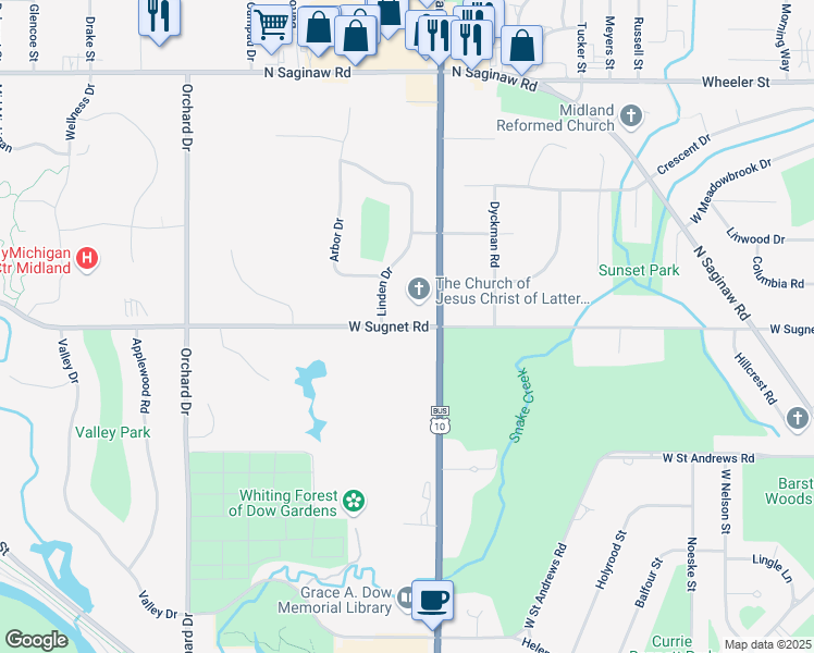 map of restaurants, bars, coffee shops, grocery stores, and more near 1801 West Sugnet Road in Midland