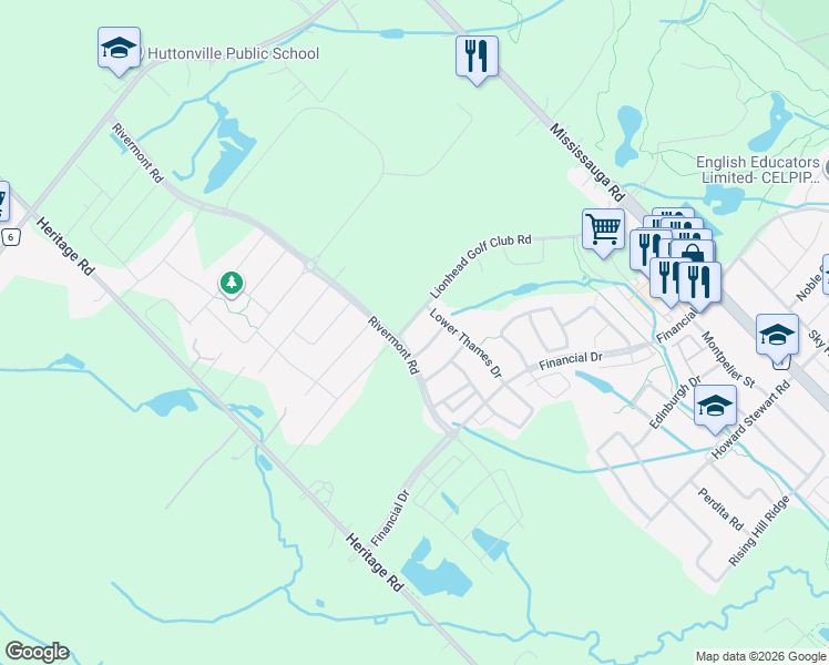 map of restaurants, bars, coffee shops, grocery stores, and more near 445 Rivermont Road in Brampton