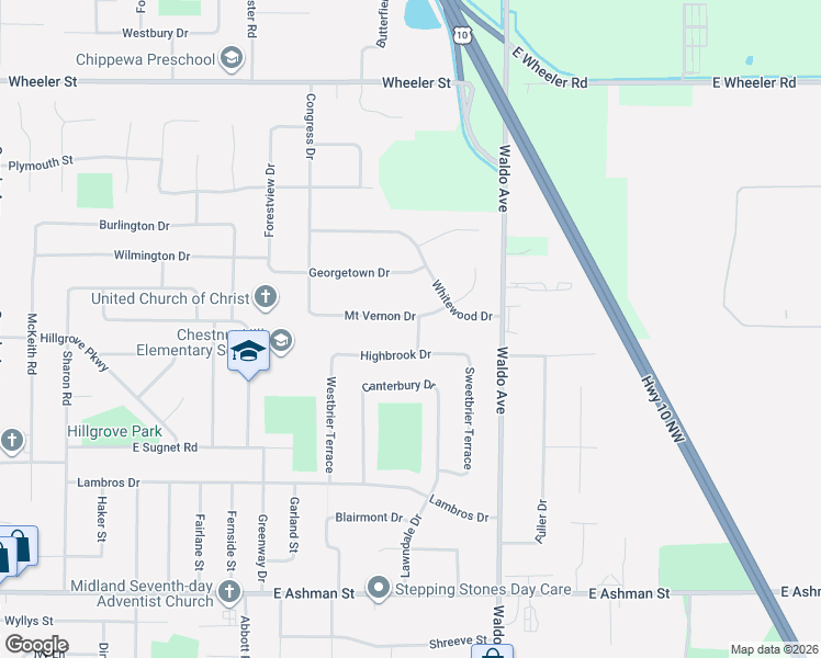 map of restaurants, bars, coffee shops, grocery stores, and more near 3009 Highbrook Drive in Midland