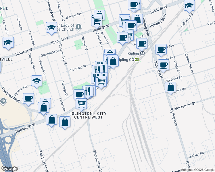 map of restaurants, bars, coffee shops, grocery stores, and more near 5415 Dundas Street West in Toronto