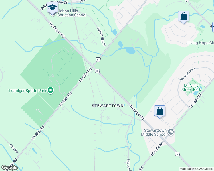 map of restaurants, bars, coffee shops, grocery stores, and more near 21 Thompson Drive in Halton Hills