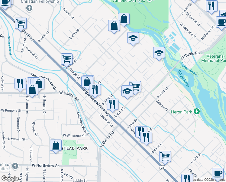 map of restaurants, bars, coffee shops, grocery stores, and more near 124 East 43rd Street in Garden City