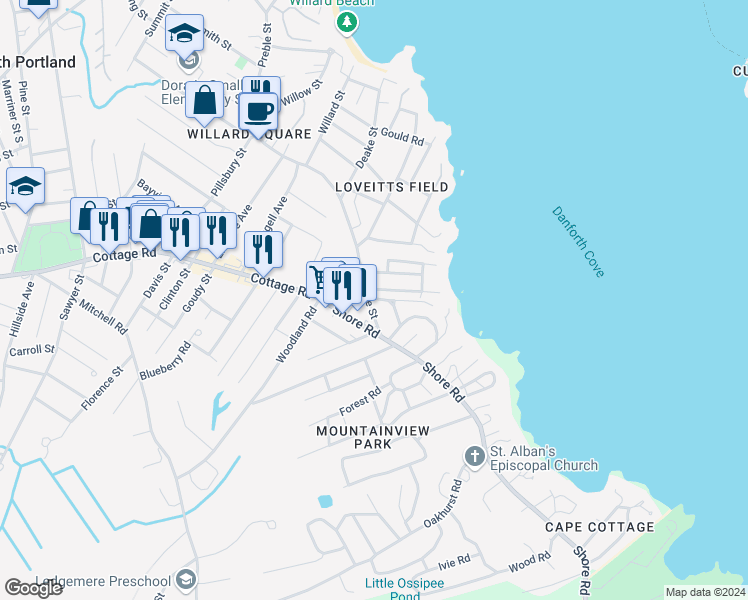 map of restaurants, bars, coffee shops, grocery stores, and more near 592 Preble Street in Cape Elizabeth
