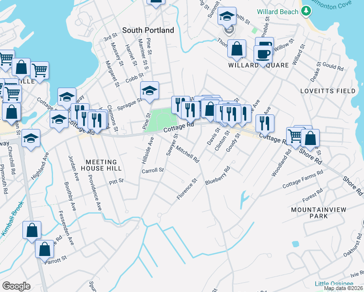 map of restaurants, bars, coffee shops, grocery stores, and more near 75 Mitchell Road in South Portland
