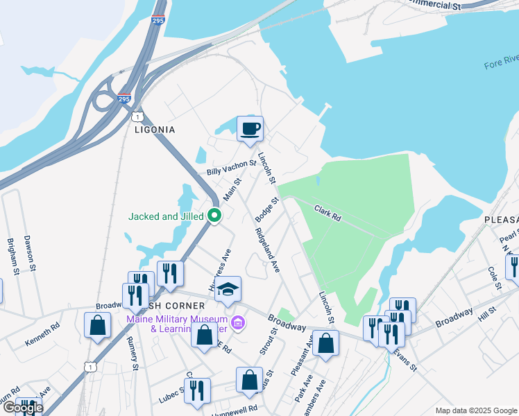 map of restaurants, bars, coffee shops, grocery stores, and more near 36 Bodge Street in South Portland