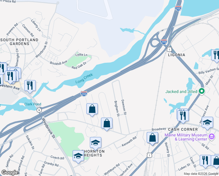map of restaurants, bars, coffee shops, grocery stores, and more near 41 Brigham Street in South Portland