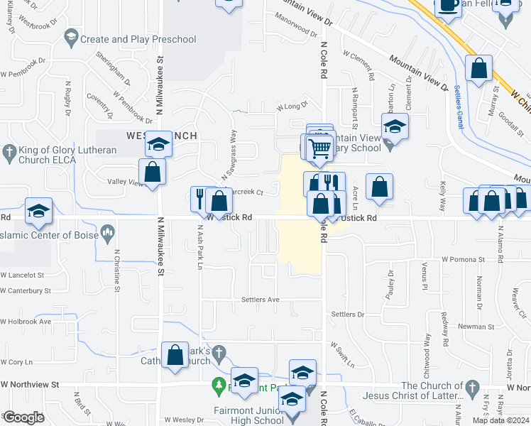 map of restaurants, bars, coffee shops, grocery stores, and more near 7624 West Ustick Road in Boise