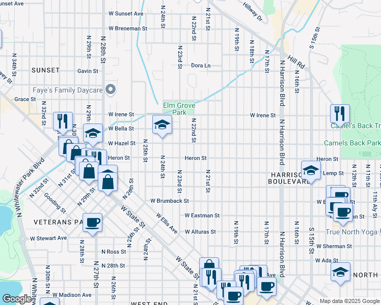 map of restaurants, bars, coffee shops, grocery stores, and more near 1507 North 22nd Street in Boise