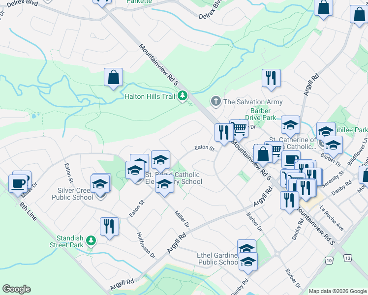 map of restaurants, bars, coffee shops, grocery stores, and more near 7 Nixon Crescent in Halton Hills