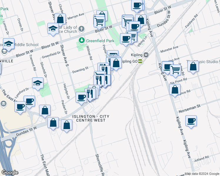 map of restaurants, bars, coffee shops, grocery stores, and more near 50 Thomas Riley Road in Toronto
