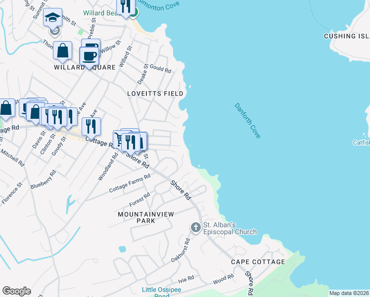 map of restaurants, bars, coffee shops, grocery stores, and more near 6 Sea View Avenue in Cape Elizabeth