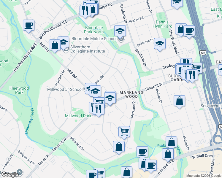map of restaurants, bars, coffee shops, grocery stores, and more near 34 Bearbury Drive in Toronto