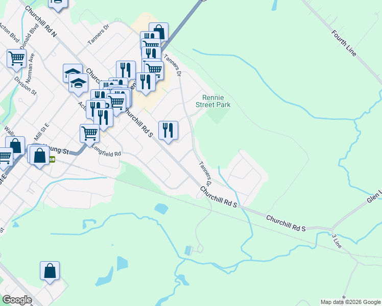 map of restaurants, bars, coffee shops, grocery stores, and more near 170 Tanners Drive in Acton