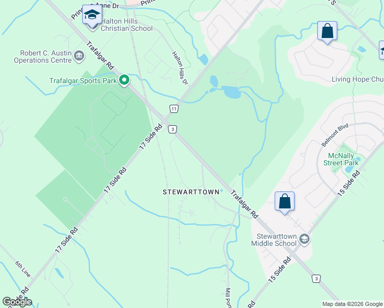 map of restaurants, bars, coffee shops, grocery stores, and more near 11306 Trafalgar Road in Halton Hills