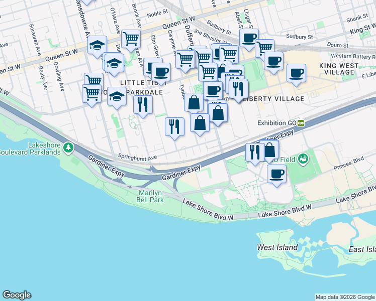 map of restaurants, bars, coffee shops, grocery stores, and more near 43 Springhurst Avenue in Toronto