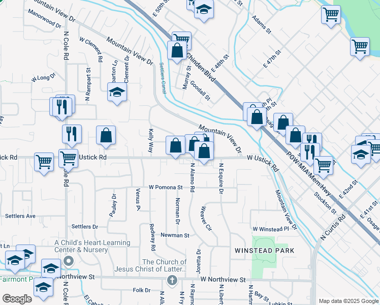 map of restaurants, bars, coffee shops, grocery stores, and more near 6595 West Ustick Road in Boise