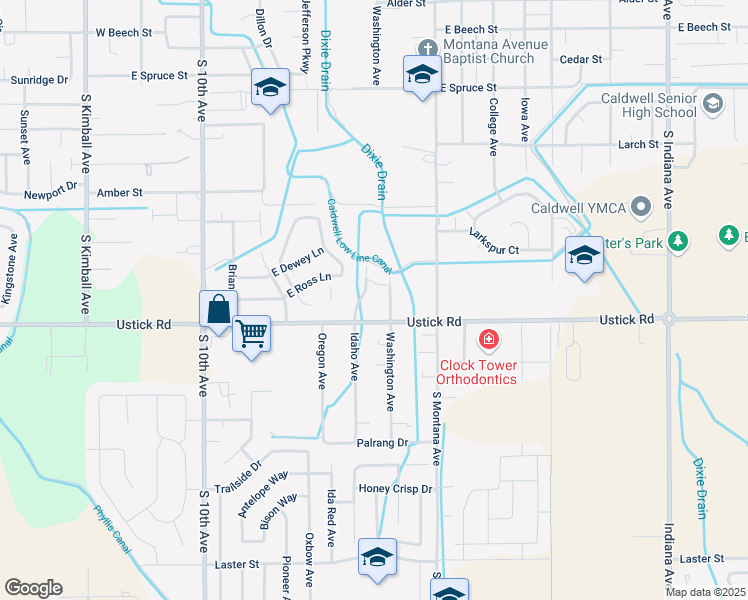 map of restaurants, bars, coffee shops, grocery stores, and more near 1108 East Ustick Road in Caldwell
