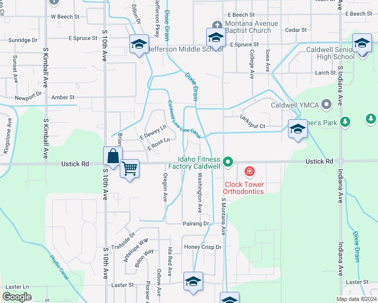 map of restaurants, bars, coffee shops, grocery stores, and more near 1004 East Ustick Road in Caldwell