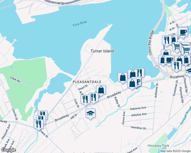 map of restaurants, bars, coffee shops, grocery stores, and more near 49 Chapel Street in South Portland