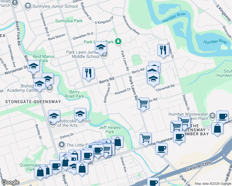 map of restaurants, bars, coffee shops, grocery stores, and more near 155 Legion Road North in Toronto