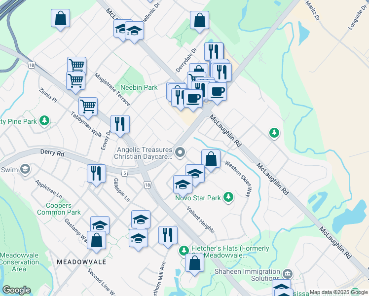 map of restaurants, bars, coffee shops, grocery stores, and more near 6970 Vicar Gate in Mississauga