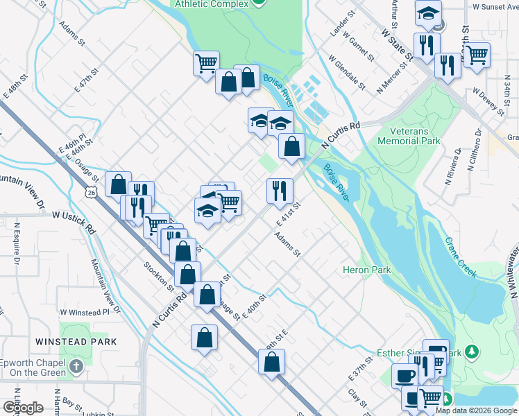 map of restaurants, bars, coffee shops, grocery stores, and more near 385 East 42nd Street in Garden City