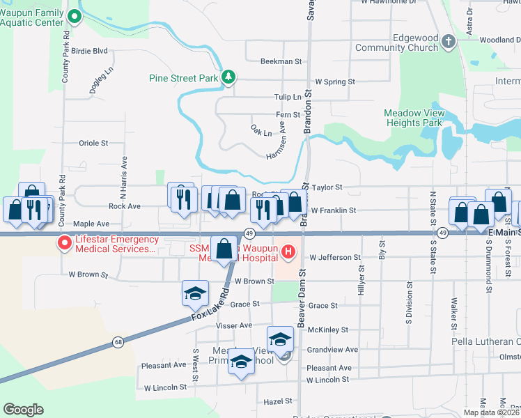 map of restaurants, bars, coffee shops, grocery stores, and more near 716 West Main Street in Waupun