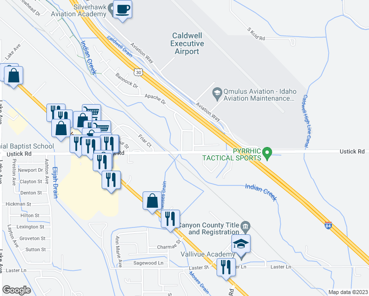 map of restaurants, bars, coffee shops, grocery stores, and more near 5001 East Ustick Road in Caldwell