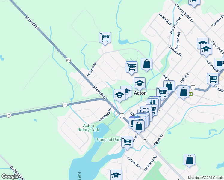 map of restaurants, bars, coffee shops, grocery stores, and more near 149 Main Street North in Acton