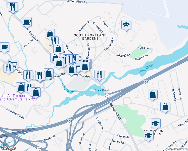 map of restaurants, bars, coffee shops, grocery stores, and more near 481 Westbrook Street in South Portland