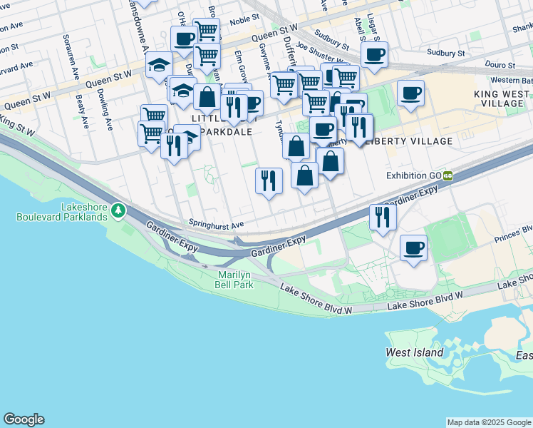 map of restaurants, bars, coffee shops, grocery stores, and more near 16 Spencer Avenue in Toronto