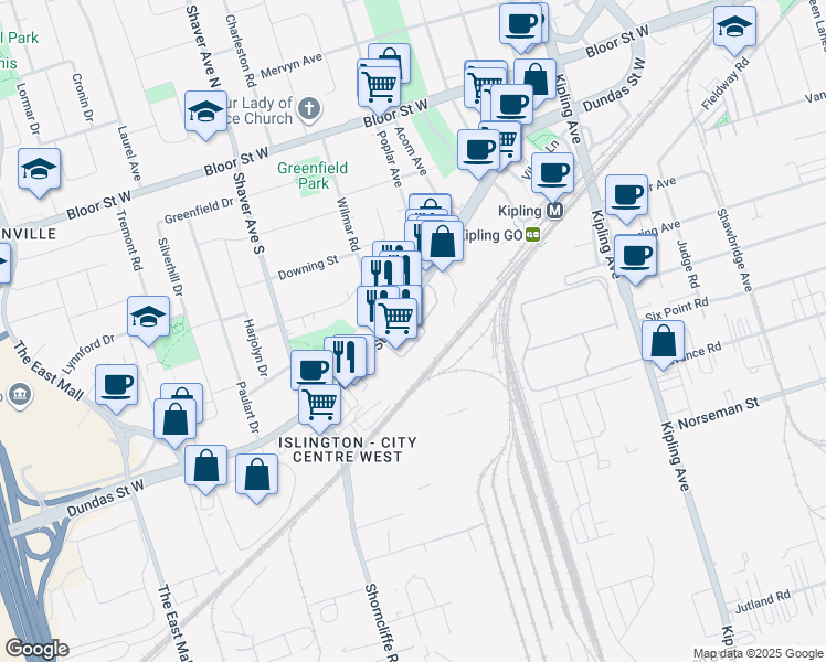 map of restaurants, bars, coffee shops, grocery stores, and more near 5415 Dundas Street West in Toronto