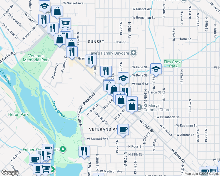 map of restaurants, bars, coffee shops, grocery stores, and more near 3006 West Hazel Street in Boise