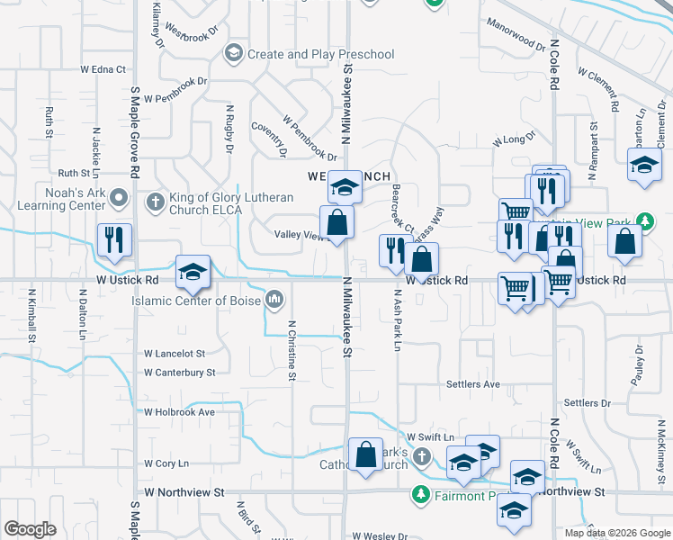 map of restaurants, bars, coffee shops, grocery stores, and more near 3293 North Milwaukee Street in Boise