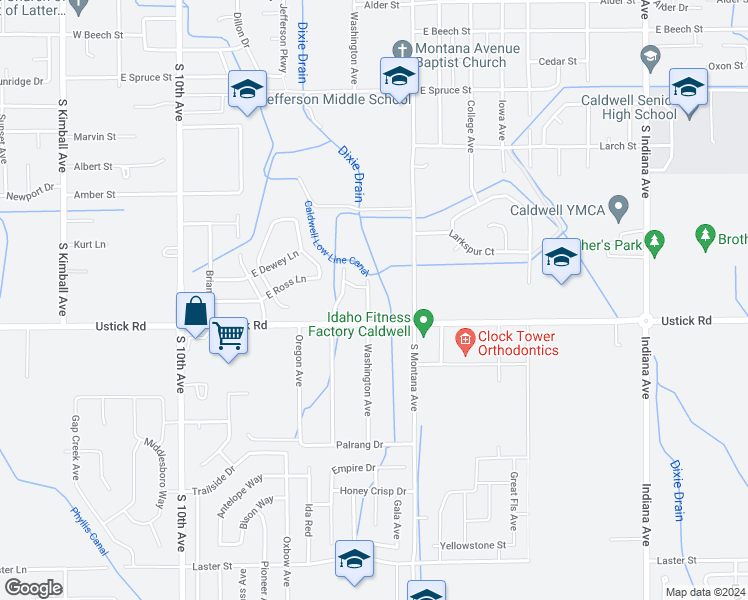 map of restaurants, bars, coffee shops, grocery stores, and more near 4005 Washington Avenue in Caldwell