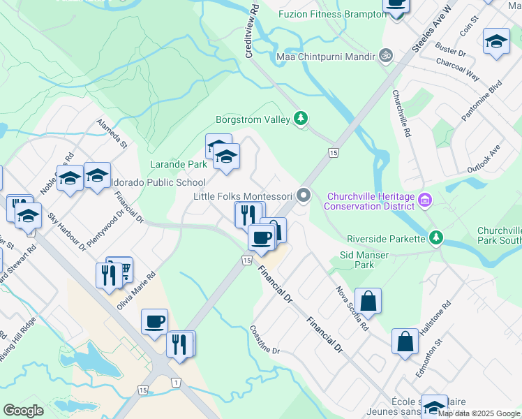 map of restaurants, bars, coffee shops, grocery stores, and more near 3 Noranda Crescent in Brampton