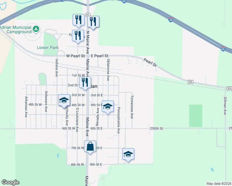 map of restaurants, bars, coffee shops, grocery stores, and more near 302 2nd Street East in Adrian