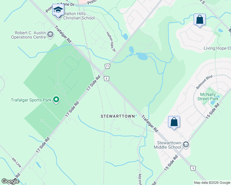 map of restaurants, bars, coffee shops, grocery stores, and more near 11340 Trafalgar Road in Halton Hills