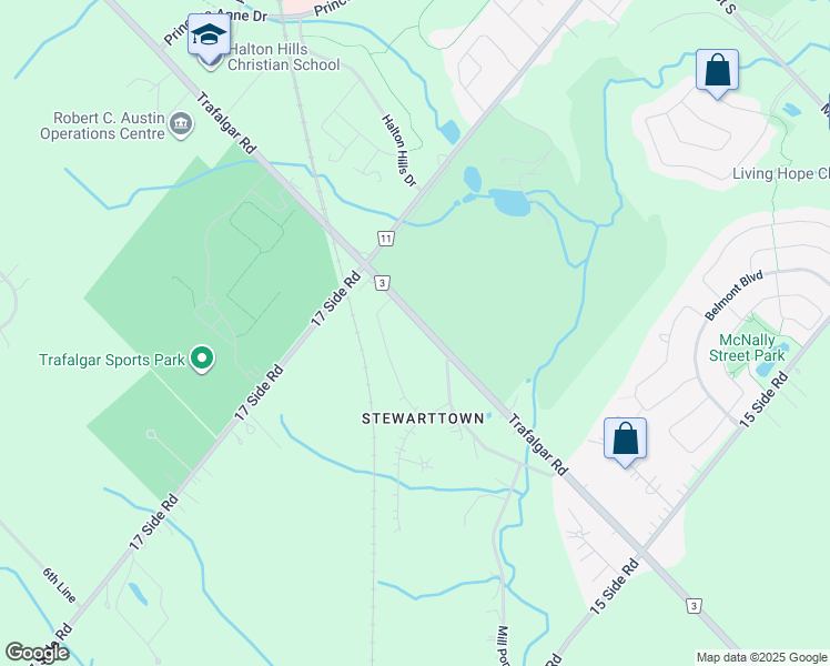 map of restaurants, bars, coffee shops, grocery stores, and more near 11310 Trafalgar Road in Halton Hills