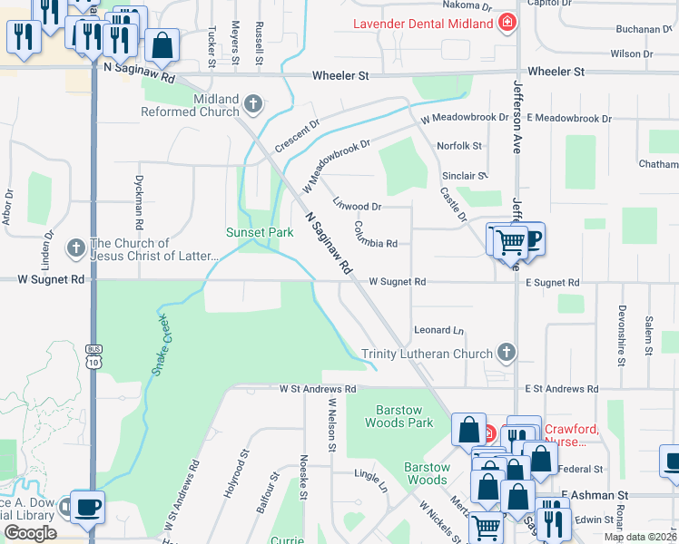 map of restaurants, bars, coffee shops, grocery stores, and more near 726 North Saginaw Road in Midland