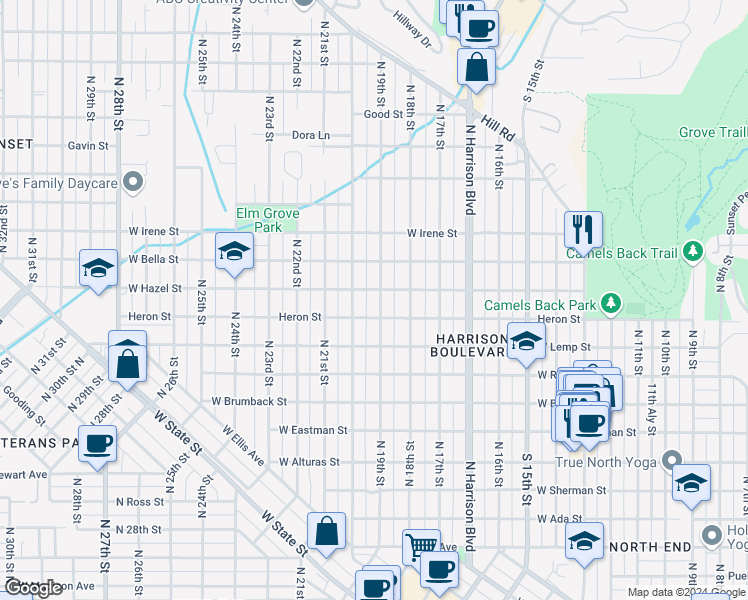 map of restaurants, bars, coffee shops, grocery stores, and more near 1609 North 19th Street in Boise