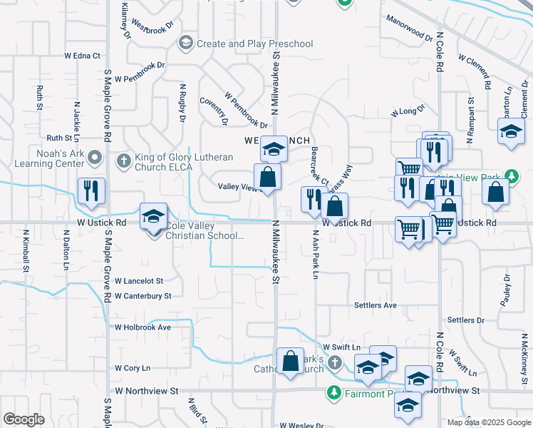 map of restaurants, bars, coffee shops, grocery stores, and more near 3293 North Milwaukee Street in Boise