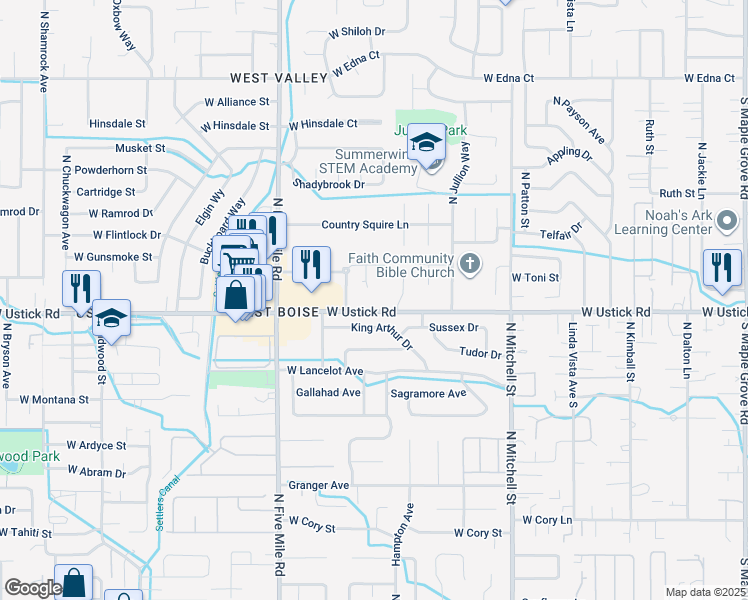 map of restaurants, bars, coffee shops, grocery stores, and more near 10261 West Milclay Street in Boise